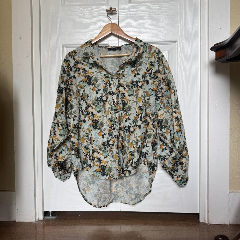 Catherine Malandrino Multicolor Green Blue Balloon Sleeve ButtonUp Collar Blouse